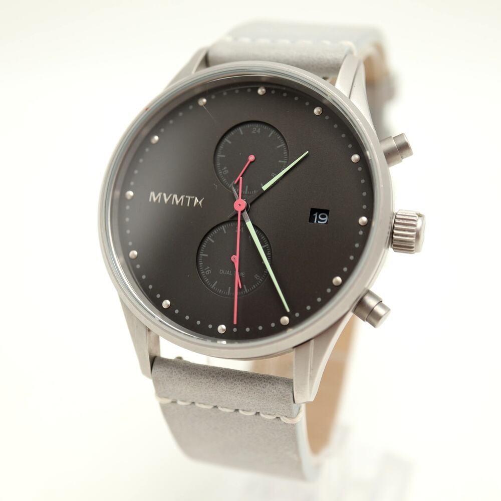 MVMT Voyager Dual Time Gray Multi Dial 42mm Watch Leather Strap w New Battery